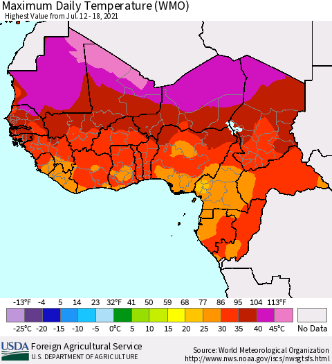 Western Africa Maximum Daily Temperature (WMO) Thematic Map For 7/12/2021 - 7/18/2021