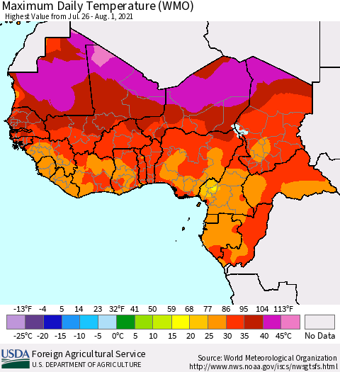 Western Africa Maximum Daily Temperature (WMO) Thematic Map For 7/26/2021 - 8/1/2021