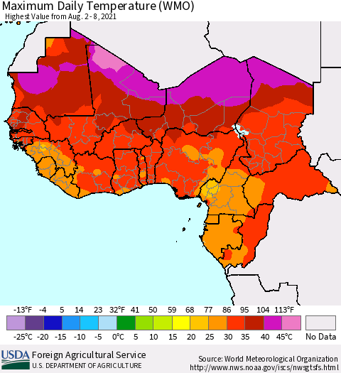 Western Africa Maximum Daily Temperature (WMO) Thematic Map For 8/2/2021 - 8/8/2021