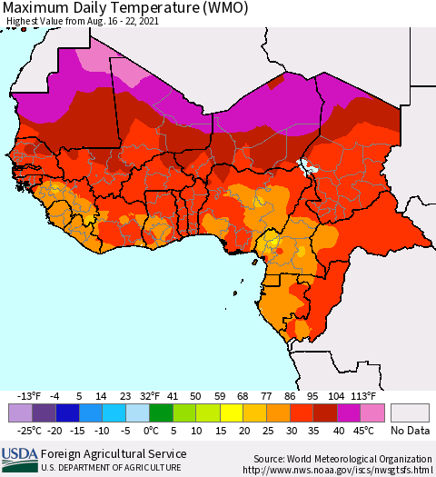 Western Africa Maximum Daily Temperature (WMO) Thematic Map For 8/16/2021 - 8/22/2021