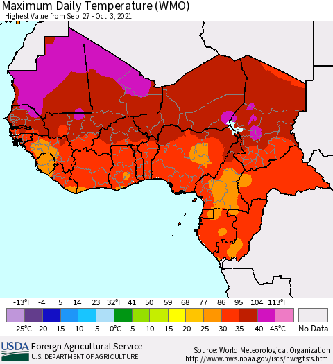 Western Africa Maximum Daily Temperature (WMO) Thematic Map For 9/27/2021 - 10/3/2021