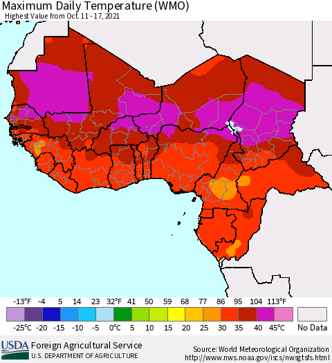 Western Africa Maximum Daily Temperature (WMO) Thematic Map For 10/11/2021 - 10/17/2021