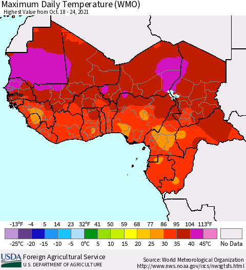 Western Africa Maximum Daily Temperature (WMO) Thematic Map For 10/18/2021 - 10/24/2021