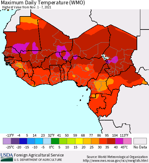 Western Africa Maximum Daily Temperature (WMO) Thematic Map For 11/1/2021 - 11/7/2021