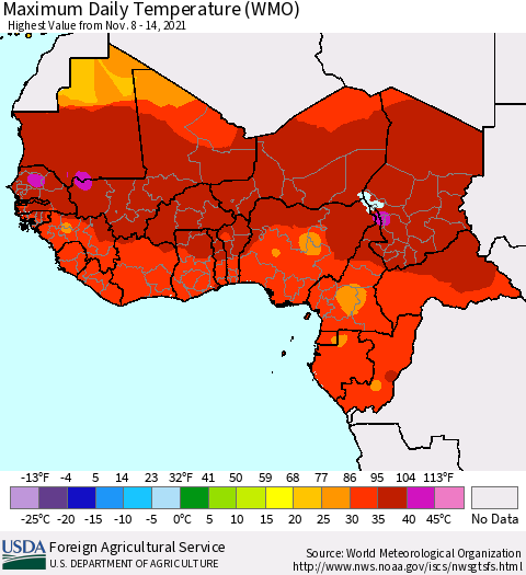 Western Africa Maximum Daily Temperature (WMO) Thematic Map For 11/8/2021 - 11/14/2021