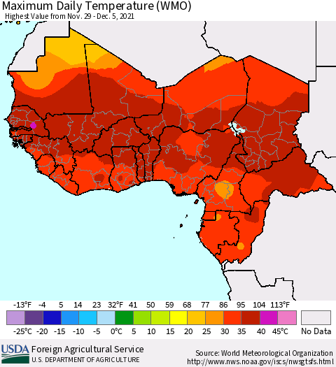 Western Africa Maximum Daily Temperature (WMO) Thematic Map For 11/29/2021 - 12/5/2021