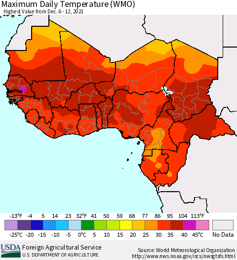 Western Africa Maximum Daily Temperature (WMO) Thematic Map For 12/6/2021 - 12/12/2021