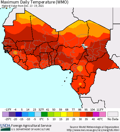 Western Africa Maximum Daily Temperature (WMO) Thematic Map For 12/13/2021 - 12/19/2021