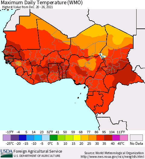Western Africa Maximum Daily Temperature (WMO) Thematic Map For 12/20/2021 - 12/26/2021