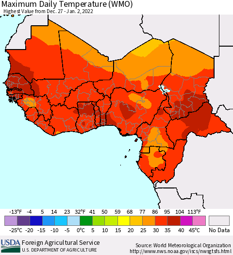 Western Africa Maximum Daily Temperature (WMO) Thematic Map For 12/27/2021 - 1/2/2022