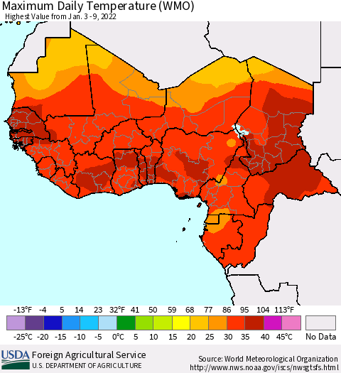 Western Africa Maximum Daily Temperature (WMO) Thematic Map For 1/3/2022 - 1/9/2022