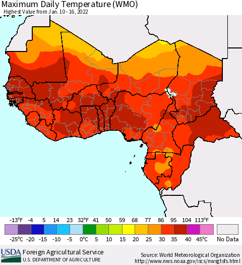 Western Africa Maximum Daily Temperature (WMO) Thematic Map For 1/10/2022 - 1/16/2022