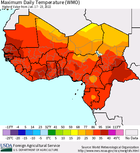 Western Africa Maximum Daily Temperature (WMO) Thematic Map For 1/17/2022 - 1/23/2022