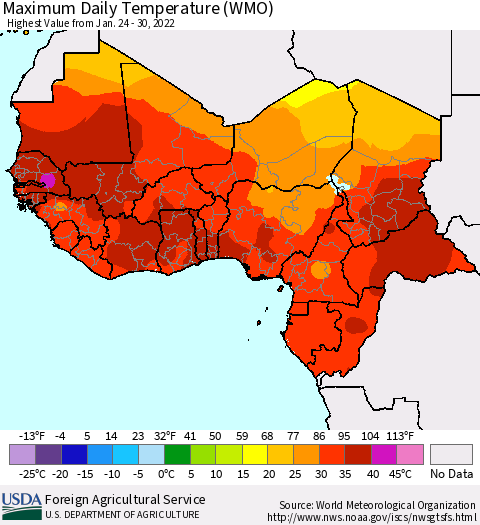 Western Africa Maximum Daily Temperature (WMO) Thematic Map For 1/24/2022 - 1/30/2022