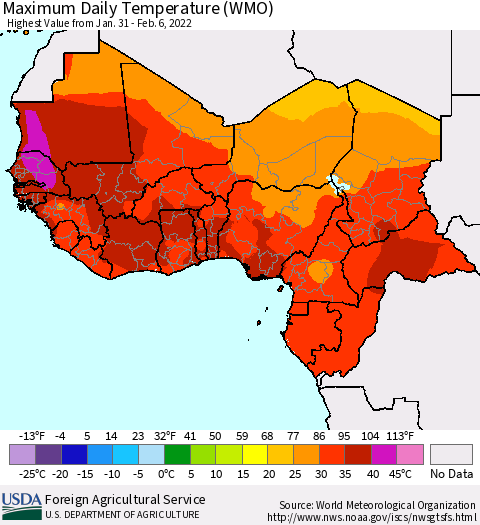 Western Africa Maximum Daily Temperature (WMO) Thematic Map For 1/31/2022 - 2/6/2022