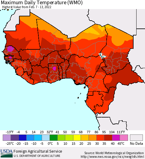 Western Africa Maximum Daily Temperature (WMO) Thematic Map For 2/7/2022 - 2/13/2022