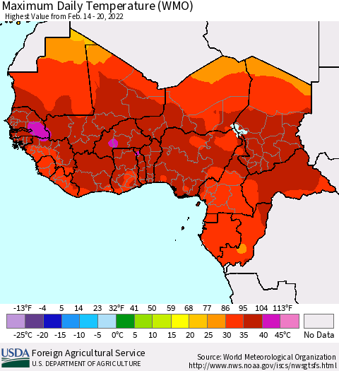 Western Africa Maximum Daily Temperature (WMO) Thematic Map For 2/14/2022 - 2/20/2022