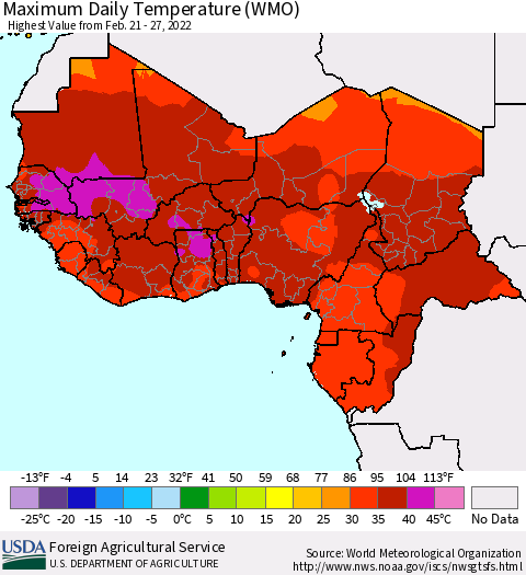 Western Africa Maximum Daily Temperature (WMO) Thematic Map For 2/21/2022 - 2/27/2022