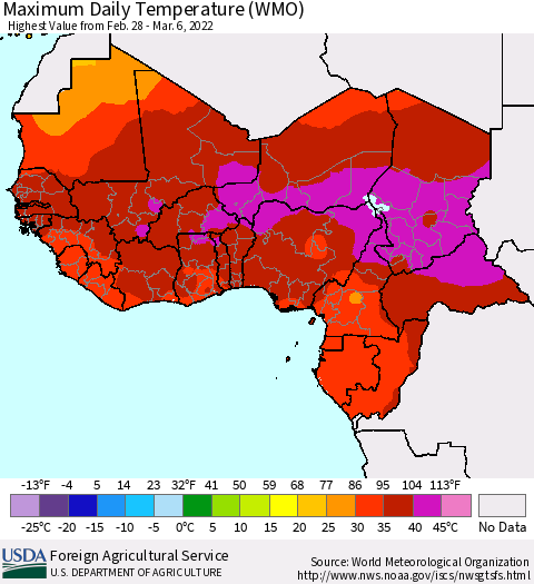 Western Africa Maximum Daily Temperature (WMO) Thematic Map For 2/28/2022 - 3/6/2022