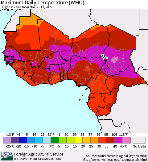 Western Africa Maximum Daily Temperature (WMO) Thematic Map For 3/7/2022 - 3/13/2022