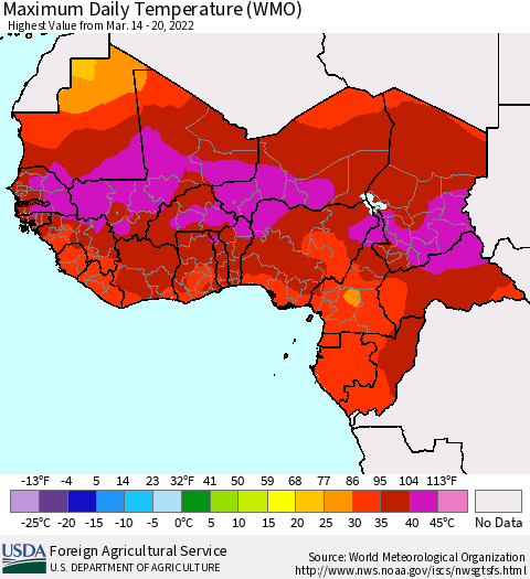Western Africa Maximum Daily Temperature (WMO) Thematic Map For 3/14/2022 - 3/20/2022