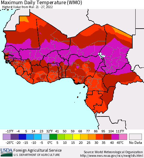 Western Africa Maximum Daily Temperature (WMO) Thematic Map For 3/21/2022 - 3/27/2022
