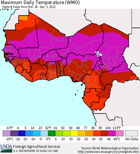 Western Africa Maximum Daily Temperature (WMO) Thematic Map For 3/28/2022 - 4/3/2022