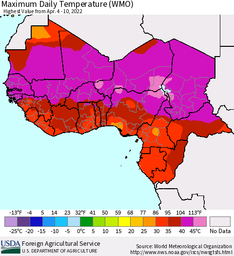 Western Africa Maximum Daily Temperature (WMO) Thematic Map For 4/4/2022 - 4/10/2022