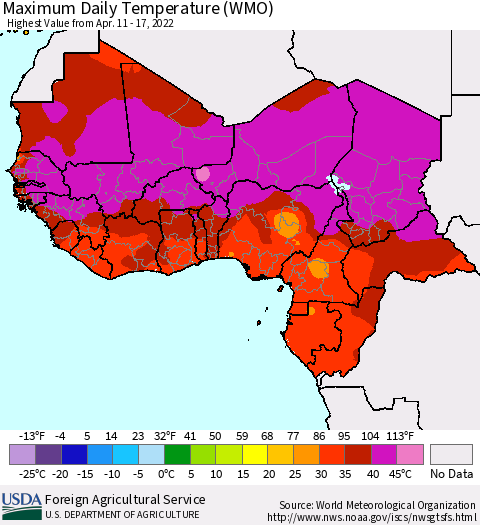 Western Africa Maximum Daily Temperature (WMO) Thematic Map For 4/11/2022 - 4/17/2022