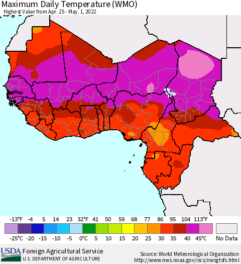 Western Africa Maximum Daily Temperature (WMO) Thematic Map For 4/25/2022 - 5/1/2022