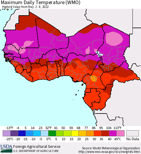Western Africa Maximum Daily Temperature (WMO) Thematic Map For 5/2/2022 - 5/8/2022