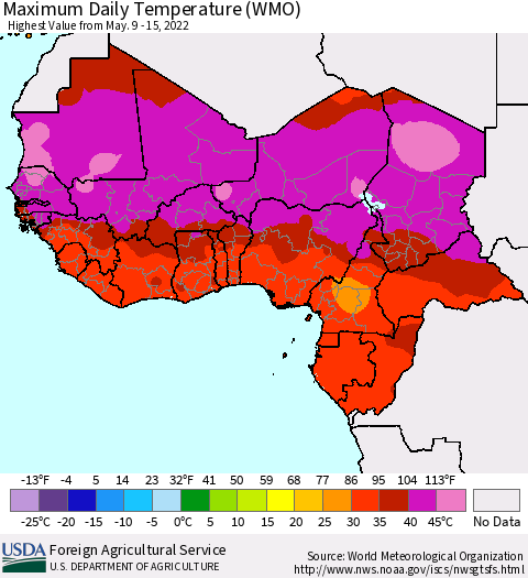 Western Africa Maximum Daily Temperature (WMO) Thematic Map For 5/9/2022 - 5/15/2022