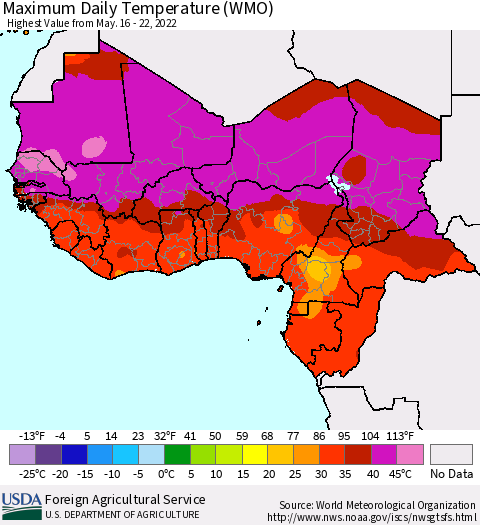 Western Africa Maximum Daily Temperature (WMO) Thematic Map For 5/16/2022 - 5/22/2022