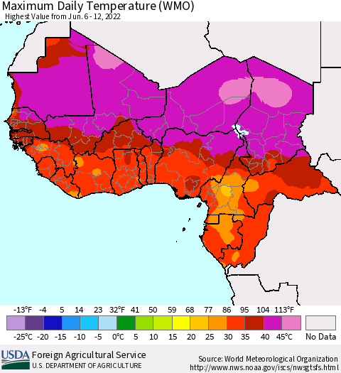 Western Africa Maximum Daily Temperature (WMO) Thematic Map For 6/6/2022 - 6/12/2022