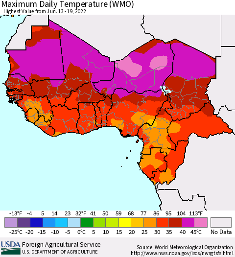 Western Africa Maximum Daily Temperature (WMO) Thematic Map For 6/13/2022 - 6/19/2022