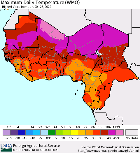Western Africa Maximum Daily Temperature (WMO) Thematic Map For 6/20/2022 - 6/26/2022