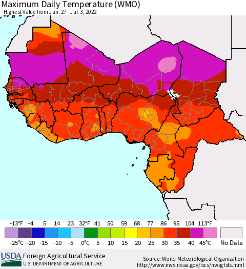 Western Africa Maximum Daily Temperature (WMO) Thematic Map For 6/27/2022 - 7/3/2022