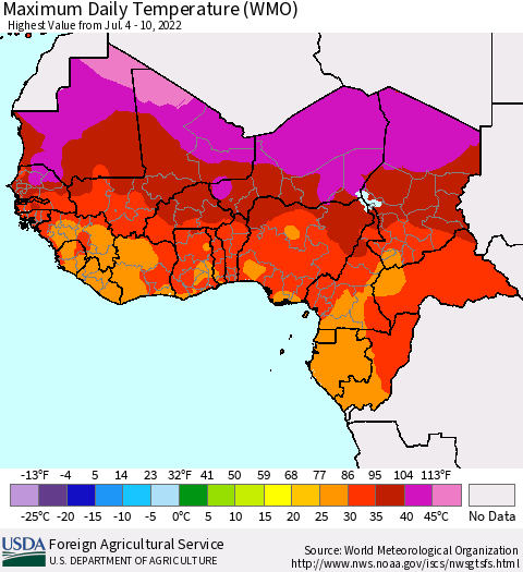 Western Africa Maximum Daily Temperature (WMO) Thematic Map For 7/4/2022 - 7/10/2022