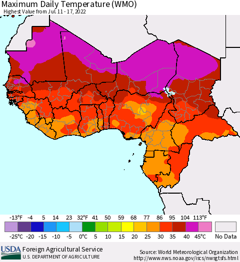 Western Africa Maximum Daily Temperature (WMO) Thematic Map For 7/11/2022 - 7/17/2022