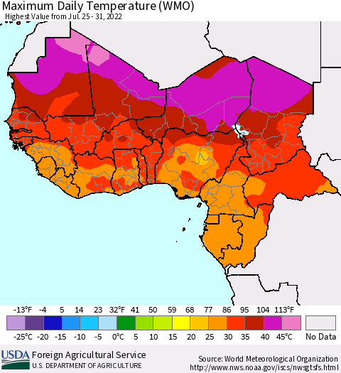 Western Africa Maximum Daily Temperature (WMO) Thematic Map For 7/25/2022 - 7/31/2022