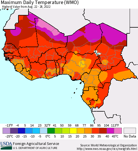 Western Africa Maximum Daily Temperature (WMO) Thematic Map For 8/22/2022 - 8/28/2022