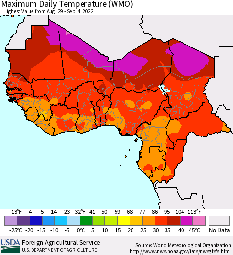 Western Africa Maximum Daily Temperature (WMO) Thematic Map For 8/29/2022 - 9/4/2022