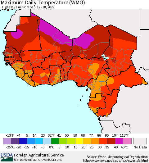 Western Africa Maximum Daily Temperature (WMO) Thematic Map For 9/12/2022 - 9/18/2022