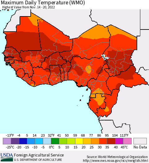 Western Africa Maximum Daily Temperature (WMO) Thematic Map For 11/14/2022 - 11/20/2022