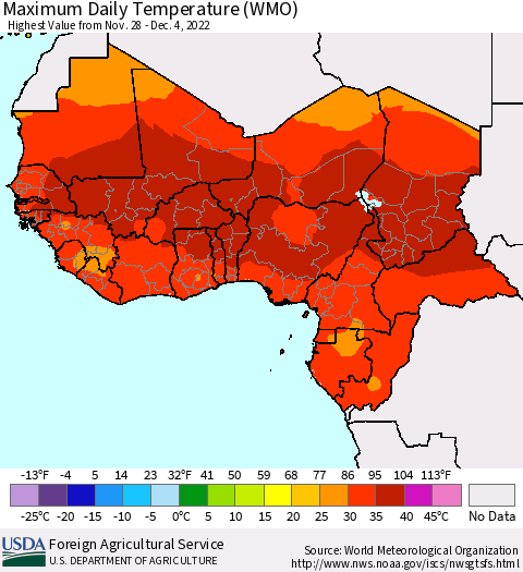 Western Africa Maximum Daily Temperature (WMO) Thematic Map For 11/28/2022 - 12/4/2022