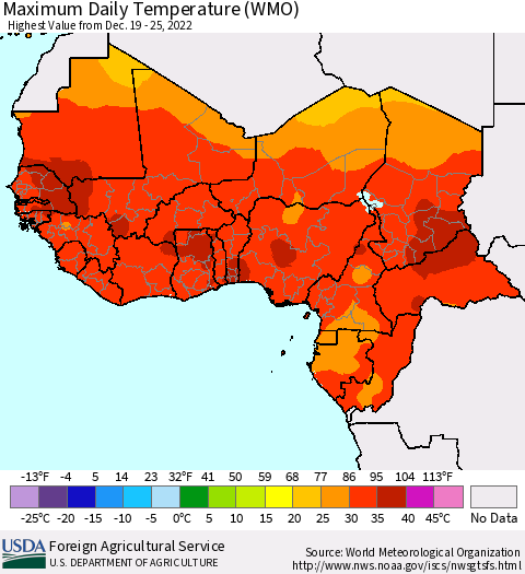 Western Africa Maximum Daily Temperature (WMO) Thematic Map For 12/19/2022 - 12/25/2022