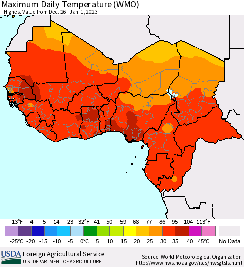 Western Africa Maximum Daily Temperature (WMO) Thematic Map For 12/26/2022 - 1/1/2023