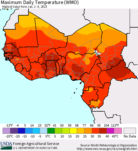 Western Africa Maximum Daily Temperature (WMO) Thematic Map For 1/2/2023 - 1/8/2023