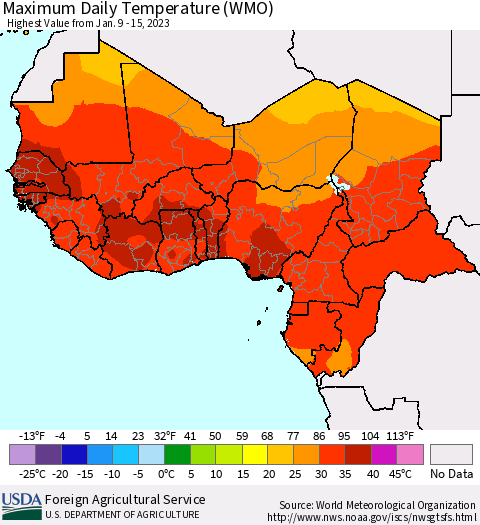 Western Africa Maximum Daily Temperature (WMO) Thematic Map For 1/9/2023 - 1/15/2023