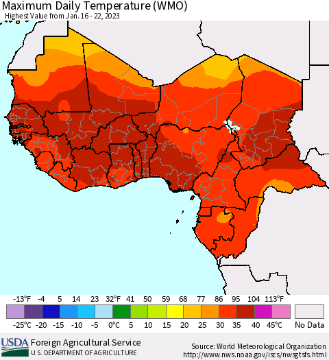 Western Africa Maximum Daily Temperature (WMO) Thematic Map For 1/16/2023 - 1/22/2023
